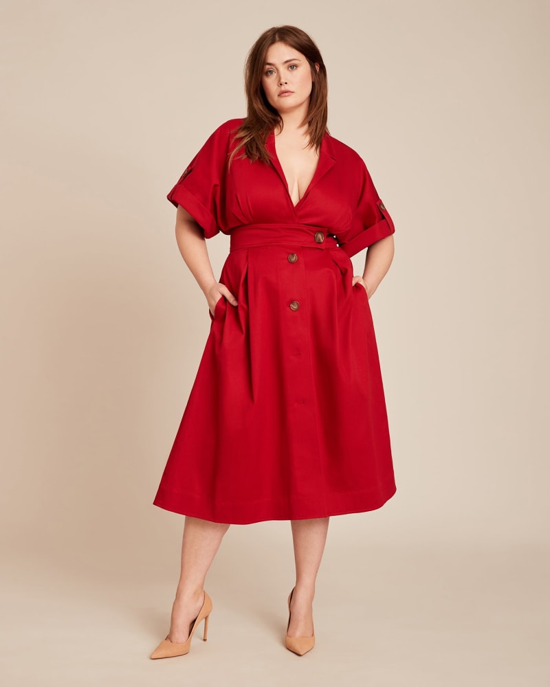 Front of a model wearing a size 14 Wide Sleeve Shirt Dress in Icon Red by Carolina Herrera. | dia_product_style_image_id:219002